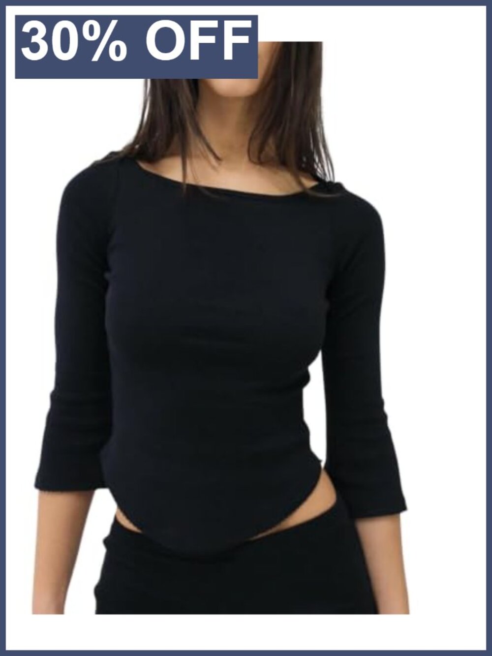 Women Y2K Boat Neck 3/4 Sleeve Crop Top Picot Trim Slim Fit Curved Hem